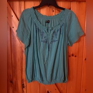 Faded Glory Teal Embroidered Peasant Blouse Size L